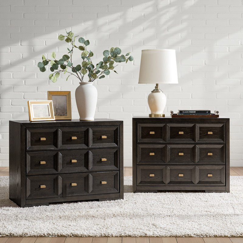 Royalwood Modern 32''W 3-Drawer Solid Wood Nightstand with Charging Station and Metal Knobs, Charcoal