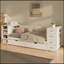 Lit de jour simple en bois blanc avec tablettes latérales, tiroirs et bureau multifonctionnel, idéal pour économiser de l'espace et vivre.