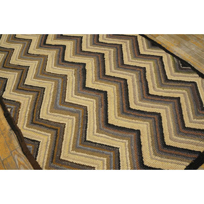 Tapis crocheté en laine à tissage plat américain rétro des années 1960 Zig Zag 4 pi x 6 pi