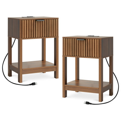 Table de chevet, ensemble de 2 avec station de charge, ensemble de table de chevet en bois avec tiroir et tablette ouverte pour la chambre à coucher, Nature