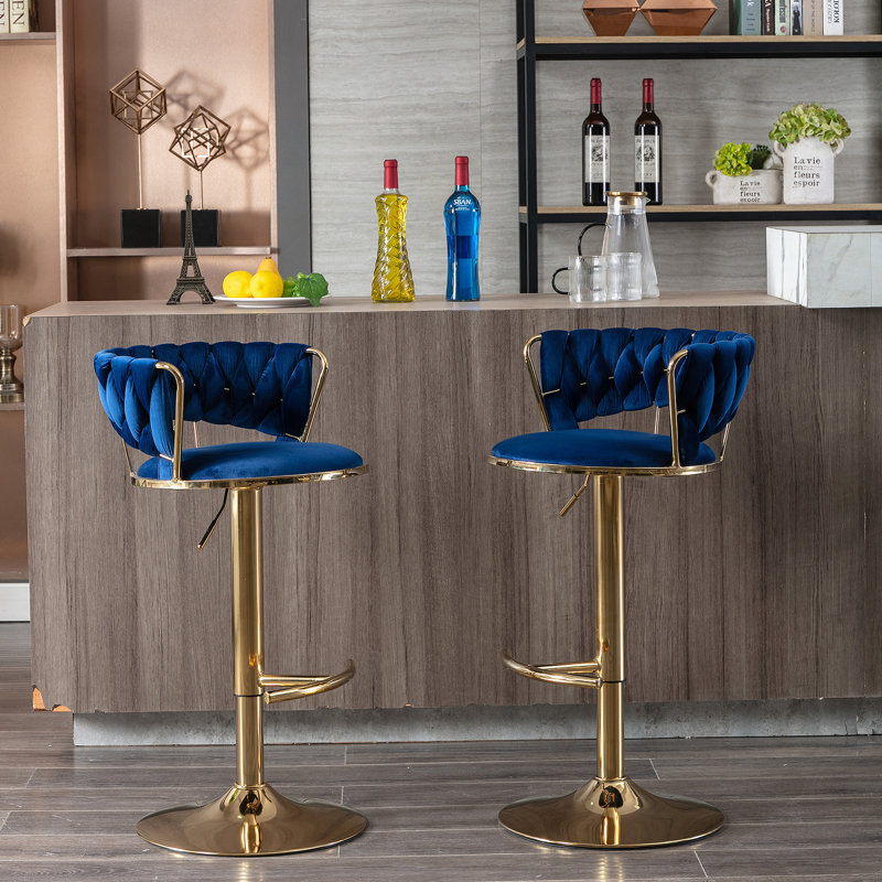 Bar Stools,with Chrome Footrest and Base Swivel Height Adjustable, Blue