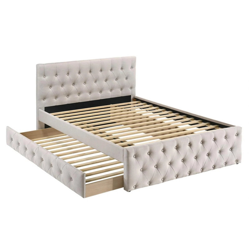 Callaislily Upholstered Platform Bed, Bed Frame With Trundle, Light Brown, Full
