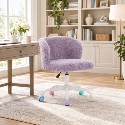 Chaise de bureau en fausse fourrure de lapin violette, réglable en hauteur, pivotante à 360°, avec base en métal et roulettes colorées. Chaise de bureau ergonomique idéale pour le bureau à domicile, la coiffeuse et la chambre d'enfant.