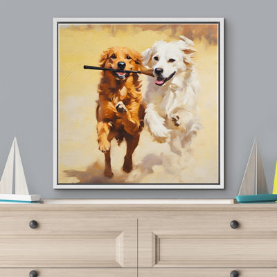 Joyful Dogs Playing A Stick Warm Friendship Yellow - Animal Pictures Wall Art Frame Canvas Print