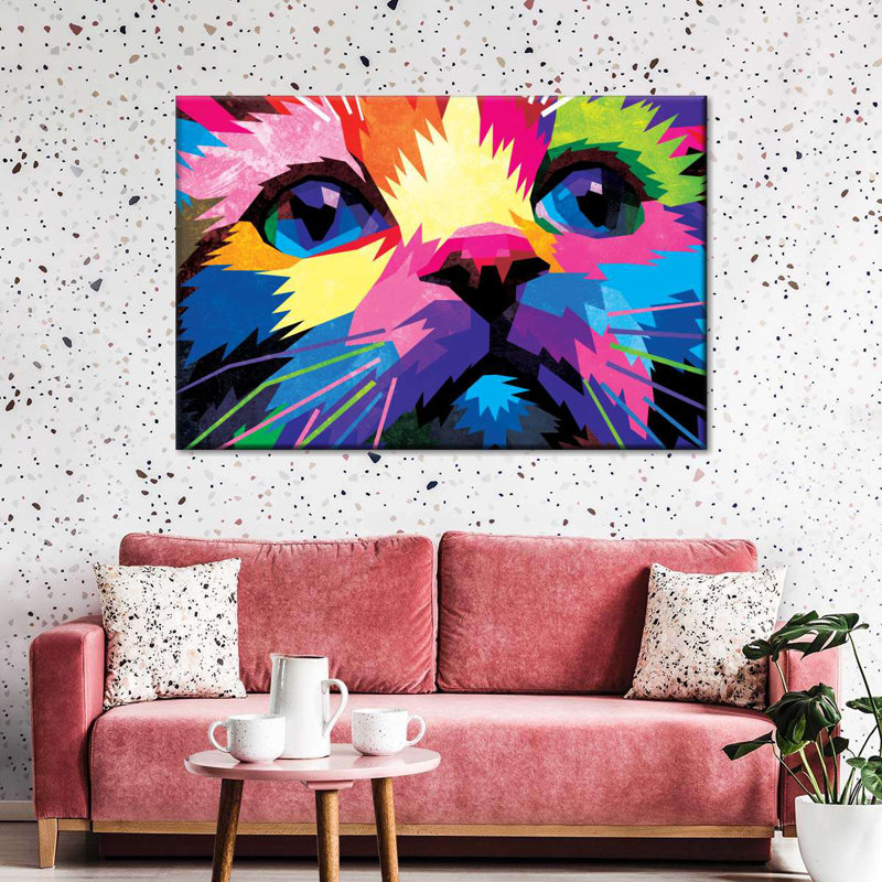 Chat abstrait multicolore - reproduction sur toile tendue, H 24 po x l 36 po x P 1,25 po
