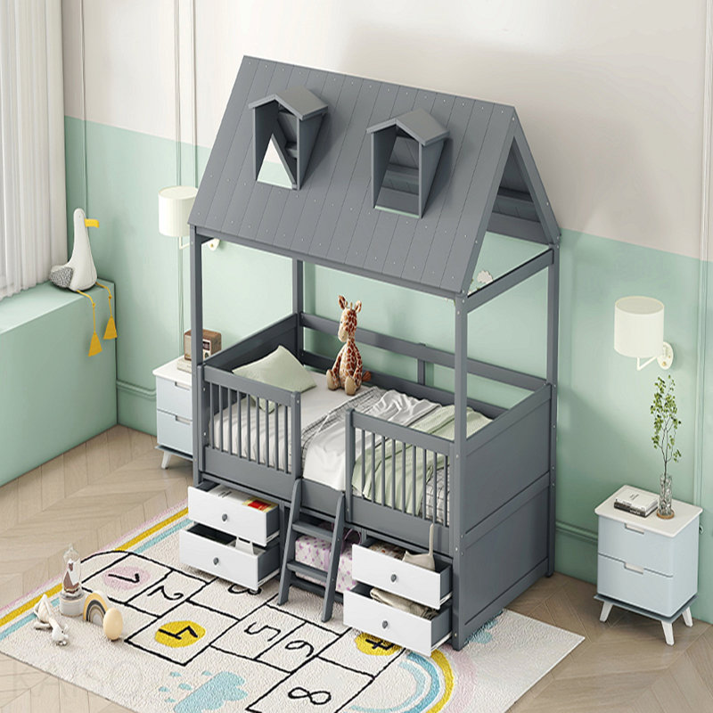 Structure de lit simple en bois, gris, Grey, Twin