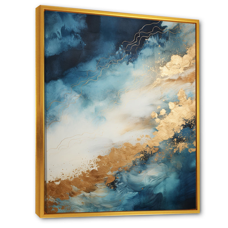 «White and Blue Goldern Abstract River I», reproduction sur toile, Cadre flottant doré, H 40 po x l 30 po x P 1,5 po