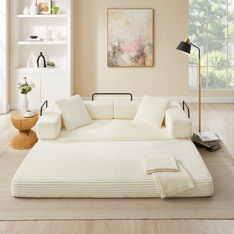 4-In-1 Folding Convertible Sofa Bed, 80.7 Inch Oversized Corduroy Upholstered Compression Couch, Loveseat Sleeper With Pull Out Bed, Floor Sofa Modular Futon Couch For Living Room Bedroom Lounge