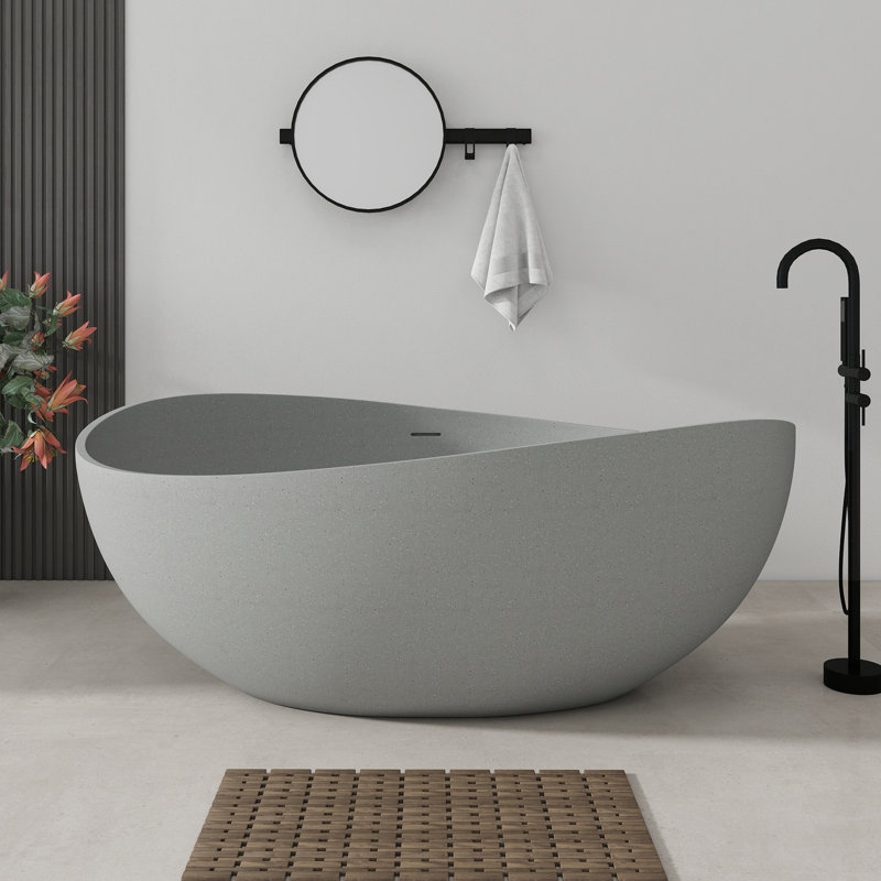 Baignoire de trempage autoportante en résine de 63 po avec trop-plein et bonde escamotable 63 po, Light Grey