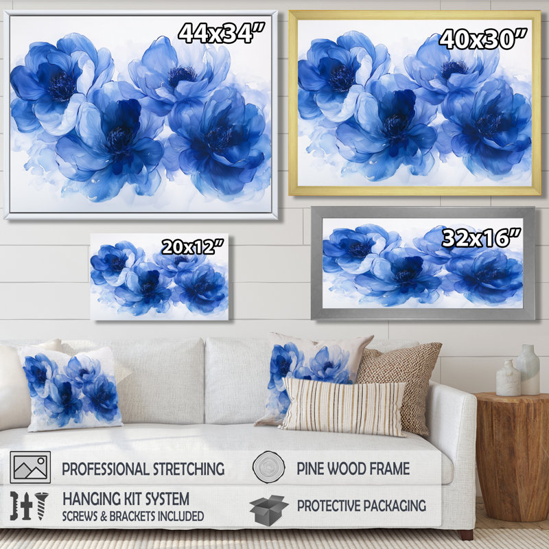 Velours bleu blanc, pivoines bleues - pivoines, art mural, 28" H x 60" W, Cadre flottant noir