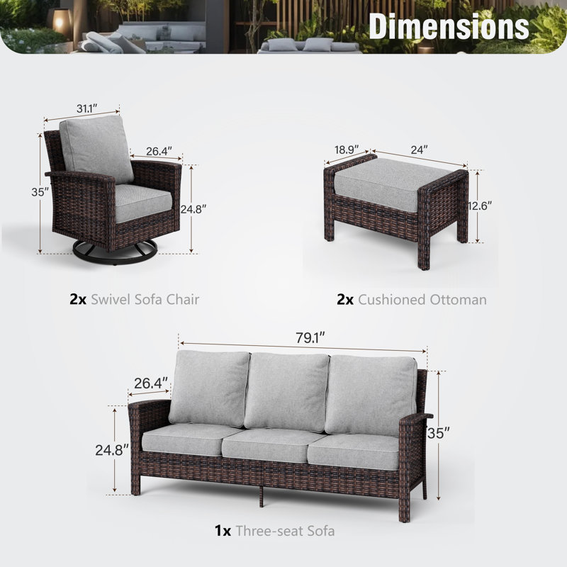 Nadilee Premium All-Weather Wicker 5 - Person Patio Conversation Set with Cushions, Gray