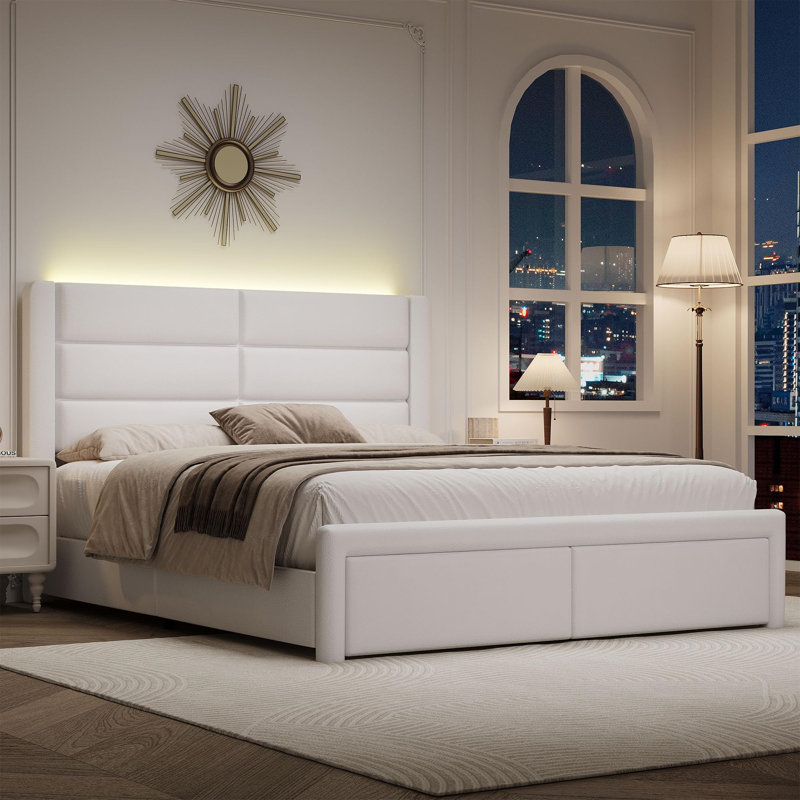 Ensemble de lit plateforme tapissier à DEL avec 2 tables de chevet modernes à DEL - ensemble de chambre à coucher 3 pièces