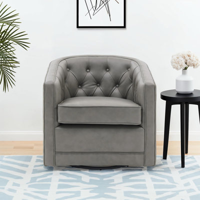 30" Tufted Top Grain Leather Swivel Barrel Chair