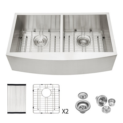 Évier de cuisine à double cuve (50/50) - 36 po x 20 po x 9 po en acier inoxydable avec tablier avant en acier inoxydable de calibre 16 et deux cuves profondes de 9 po