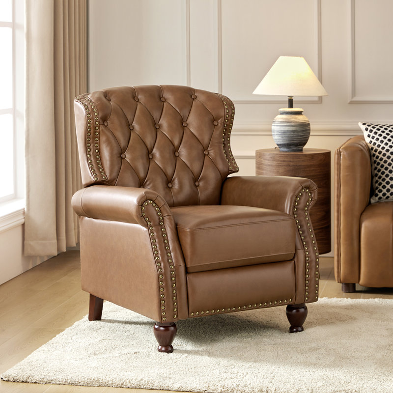 Abruzzino 34.5" W Genuine Leather Push-Back Recliner, Camel Genuine Leather
