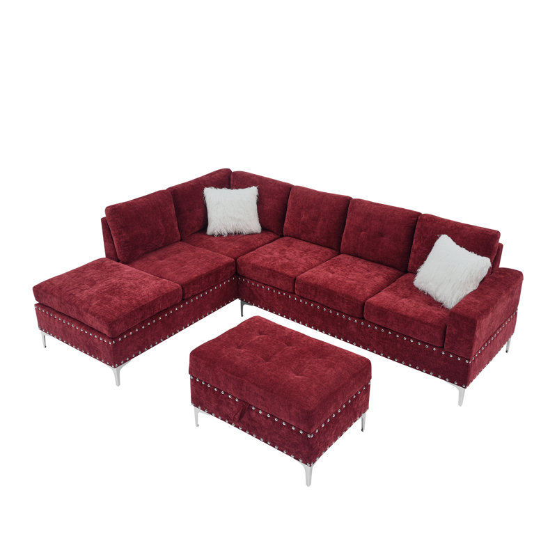 Ilish Upholstered L-Shaped Sectional Reversible, Red Chenille