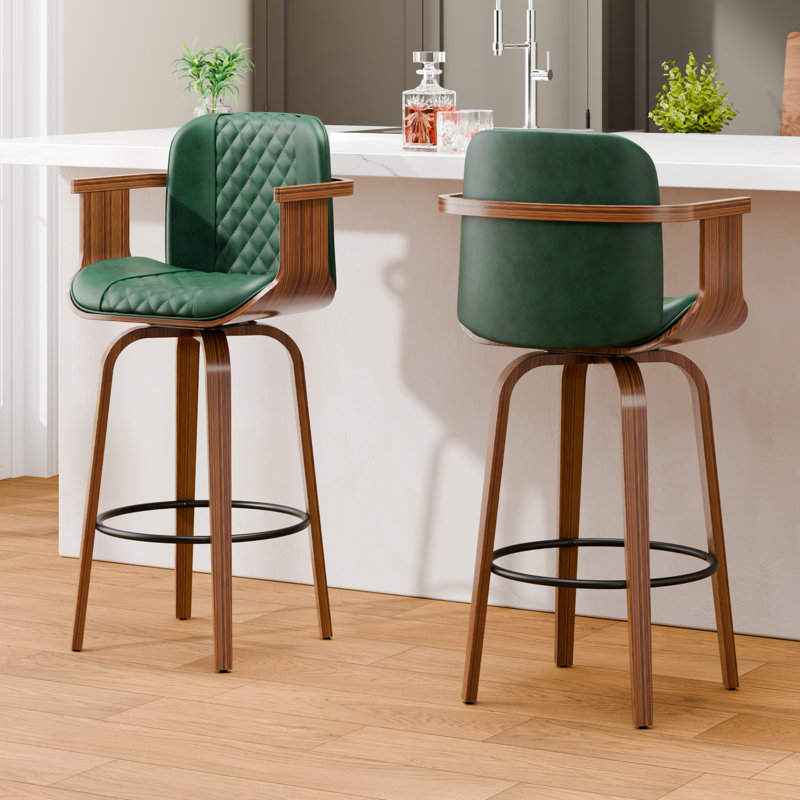 26'' High-back Swivel Bar Stool With Footrest Set Of 2, Green, 2