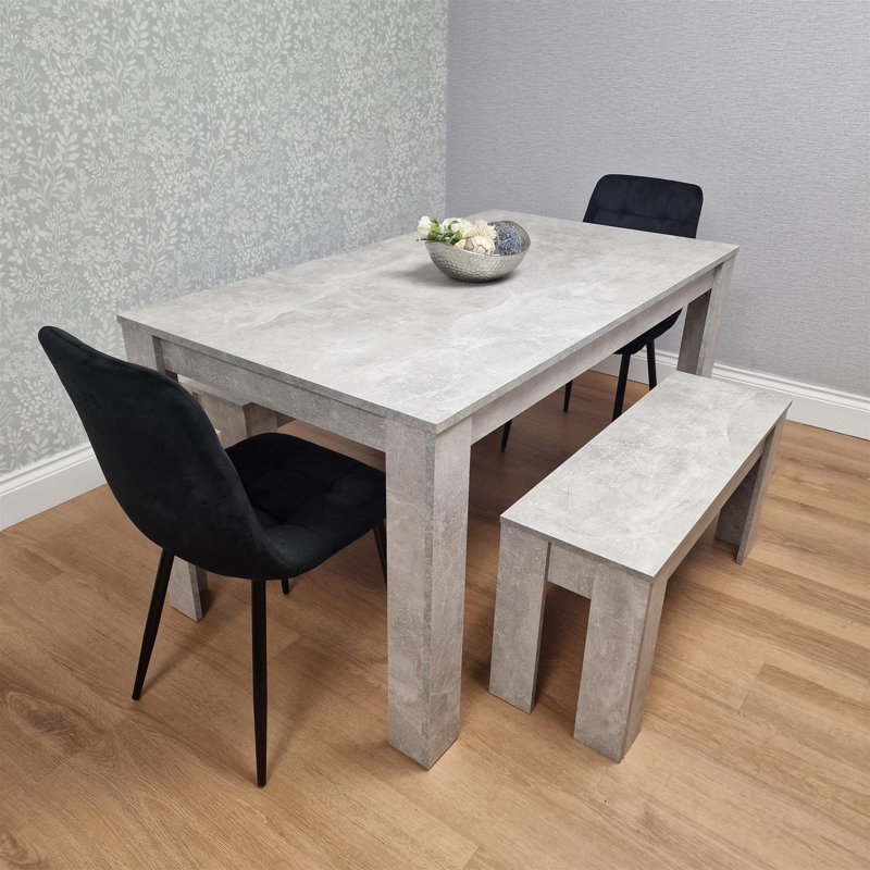 Dining Table Set with 2 Velvet Chairs and 2 Benches, Stone Effect Wood Table, Modern Dining Room Furniture, Black