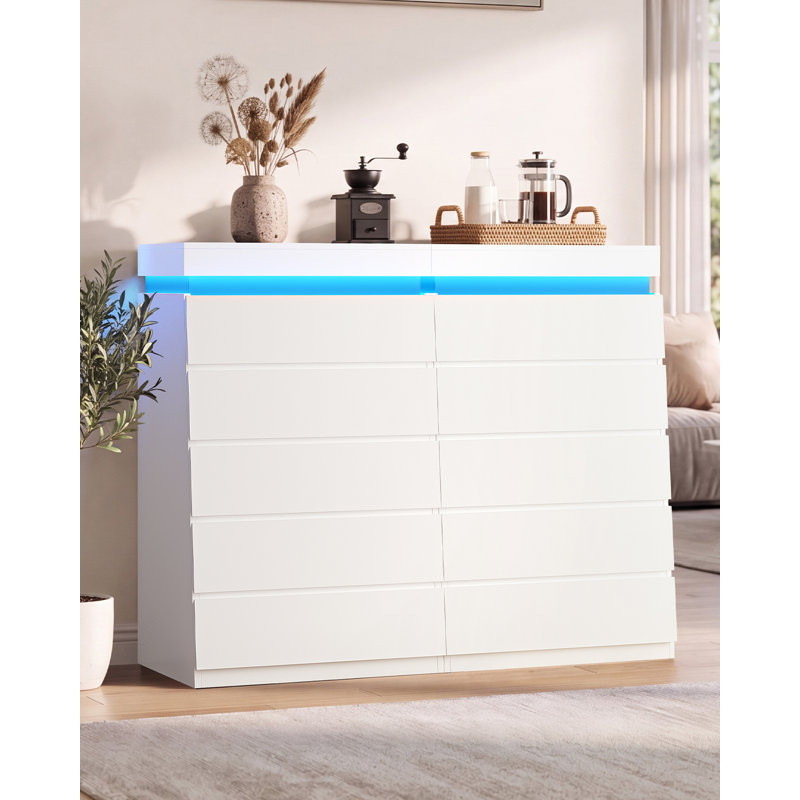 Commode haute 5 tiroirs avec lumière DEL, Blanc