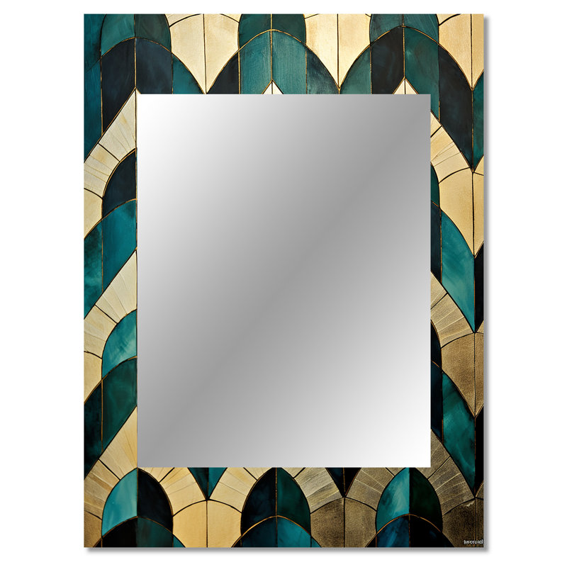 Emerald And Golden Arches II - Abstract Shapes Decorative Wall Mirror, Modern Large Mirror, Printed Metal Art, 40" x 30"