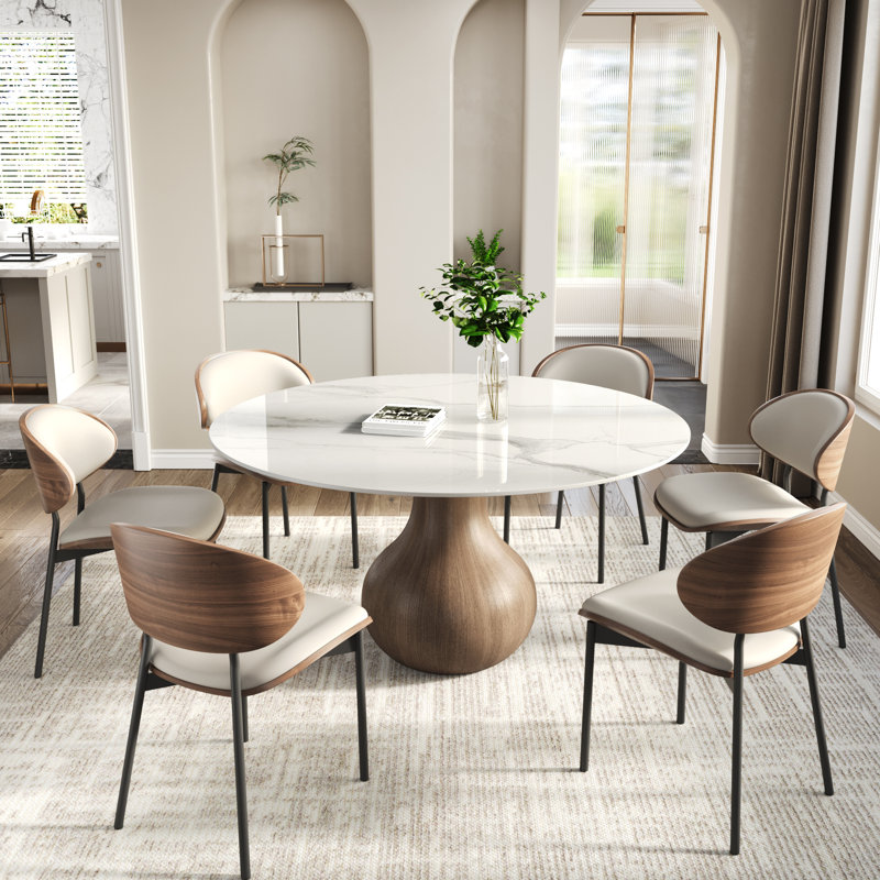 Otelia 7-Pieces Dark Walnut Round Dining Table Set, White, Glossy White/Dark Walnut, 29.52" H x 53" W x 53" D