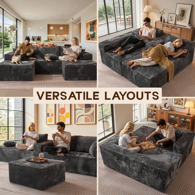 Navarrie 2 - Piece Upholstery Compression Sofa,  No Assembly Required Sectional, Gray Plus Corduroy