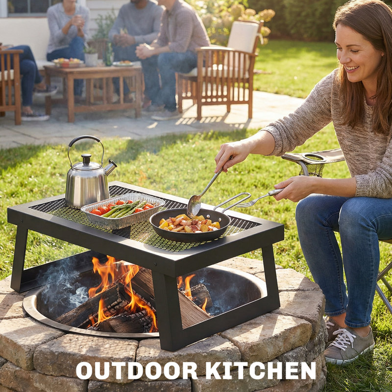 Gril de feu de camp pliant, grille de barbecue en acier au carbone, noir