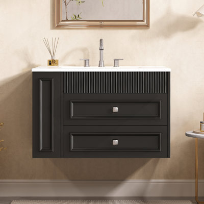 Meuble-lavabo mural avec design flottant, 2 tiroirs, lavabo simple en céramique, offrant beaucoup de rangement et un style moderne pour votre salle de bain