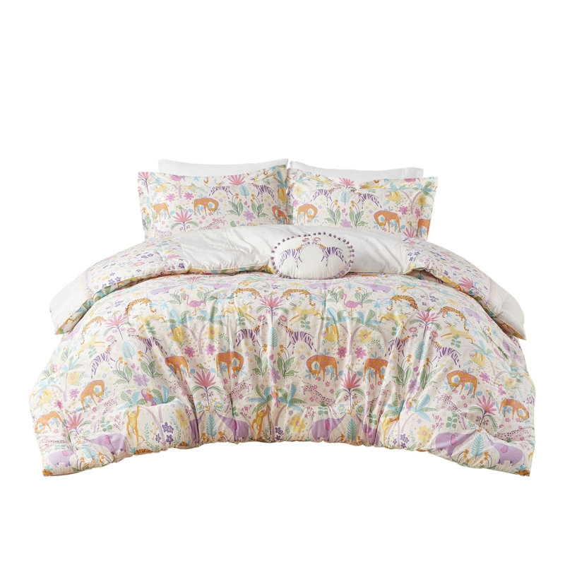 Édredon réversible en coton mauve à motif floral avec 3 éléphants et autres motifs d'herbivores, lavable à la machine pour tous les animaux d'Afrique