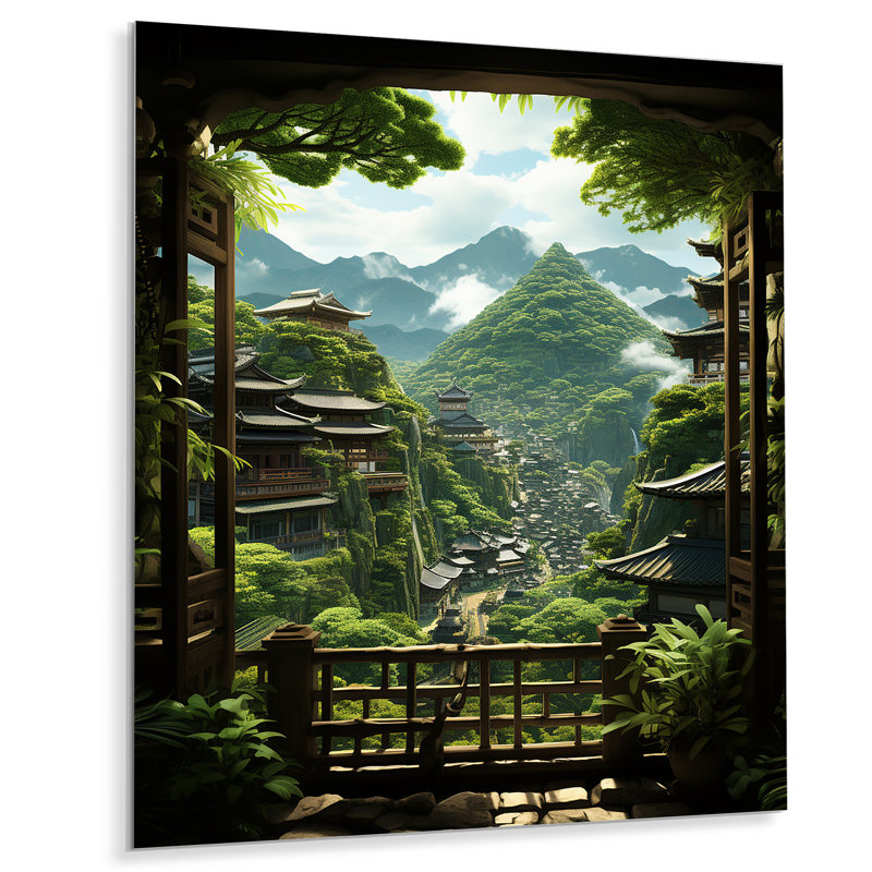 Vue de fenêtre du jardin japonais II - Japon, art mural en métal, H 40 po x l 30 po x P 1,5 po