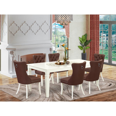 L'ensemble de salle à manger 7 pièces contient une table de cuisine rectangulaire avec rallonge amovible et 6 chaises rembourrées, lin blanc