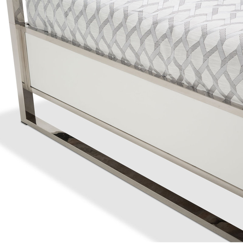 King Satin White Vinyl Upholstered Platform Bed with Metal Frame and Headboard