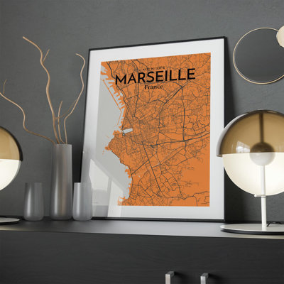 Marseille City Map in Orange 1 Piece Wall Art