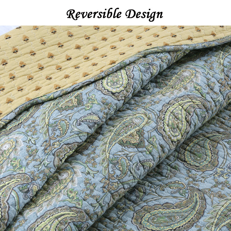 Full Blue Cotton Reversible Paisley Quilt Set
