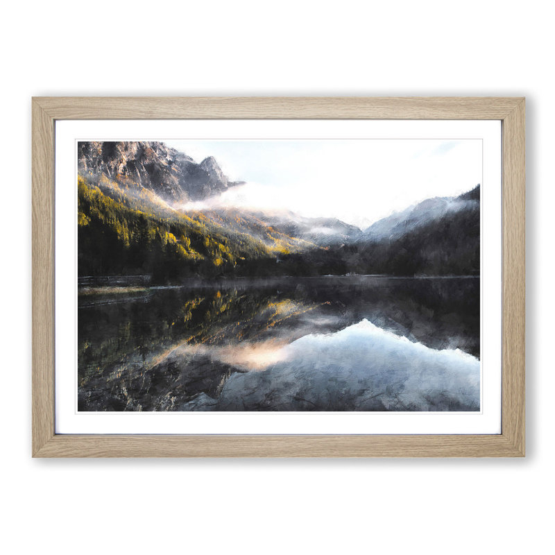 Antholzer See Lake Reflection - Single Picture Frame Painting on MDF, Oak, 40cm H x 60cm W x 2cm D