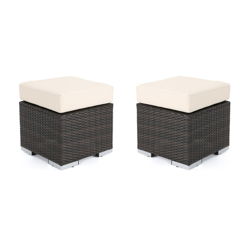 Jossif Resin (All Weather) Wicker/Rattan Outdoor Ottoman, Multibrown Frame/Beige Cushion