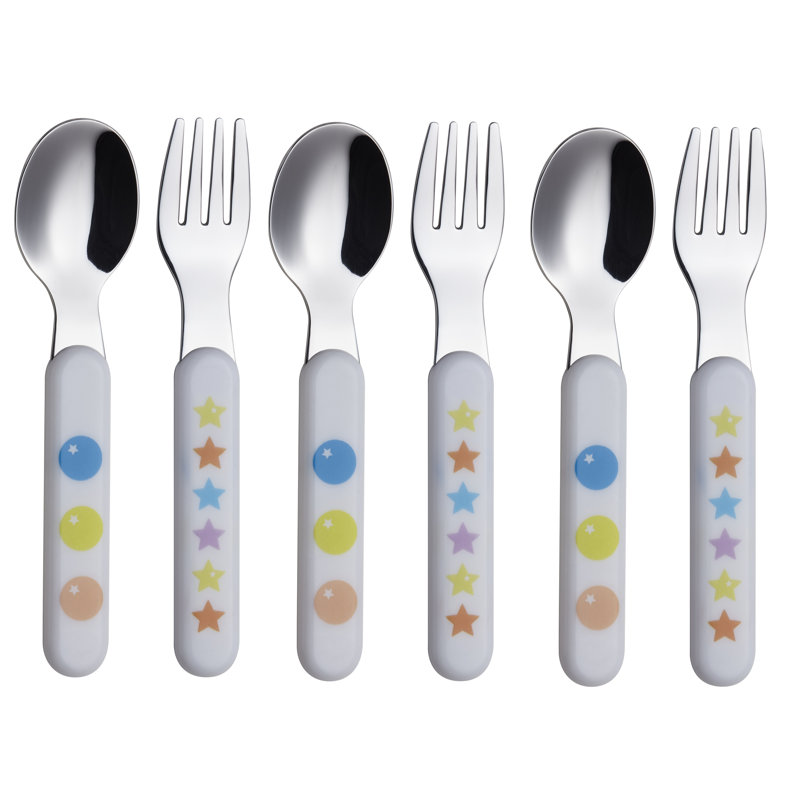 EXZACT Kids Cutlery 6Pcs Stainless Steel 18/10 Children''s Cutlery Set 3 X Forks, 3 X Dinner Spoons Plastic Handle, Toddler Utensils Stars & Dots