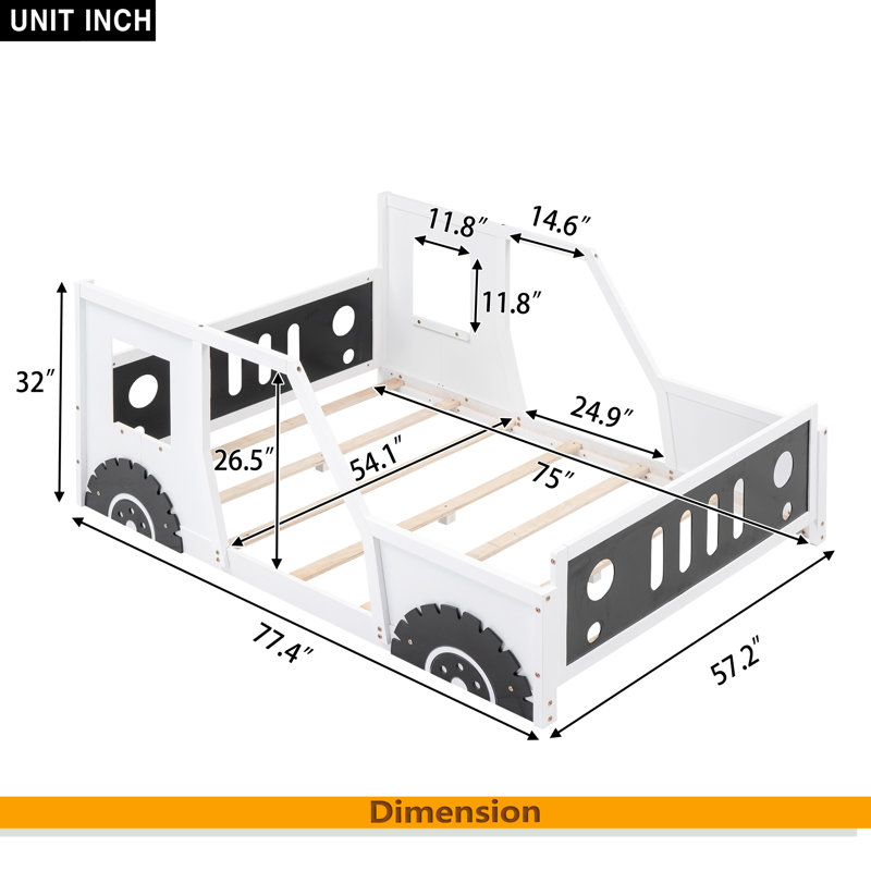 Lit plateforme classique avec roulettes en forme de voiture, Blanc