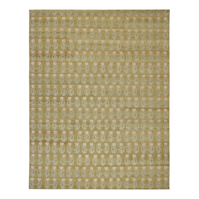 Rug & Kilim’S Block Print Custom Rug Design In Gold With Pink And Green Florals