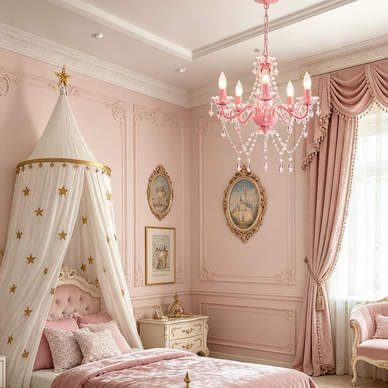 Lustre en cristal rose rose pour chambre de fille, petit lustre 5 lumières pour chambre à coucher, chambre de bébé, salle de jeux, hauteur réglable