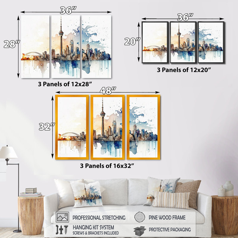 Toronto Skyline I - 3 pièces sur toile, H 32 po x l 48 po, Toile tendue