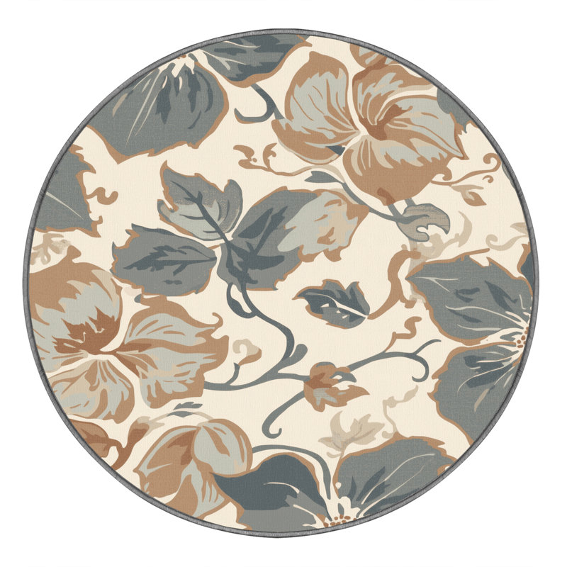 Machine Washable Ortencia Clematis French Country Floral Rug in Brown – Gray Binding, 4' Square