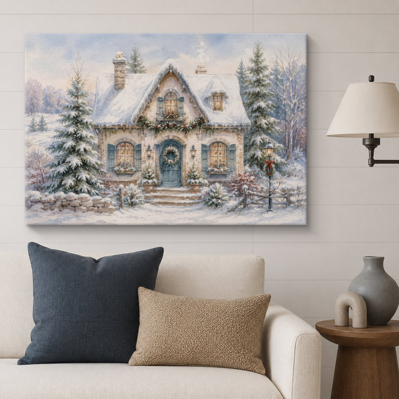 «Christmas Cottage Snowy House», art du salon, impression sur toile encadrée, H 16 po x l 24 po x P 1,5 po, Toile tendue