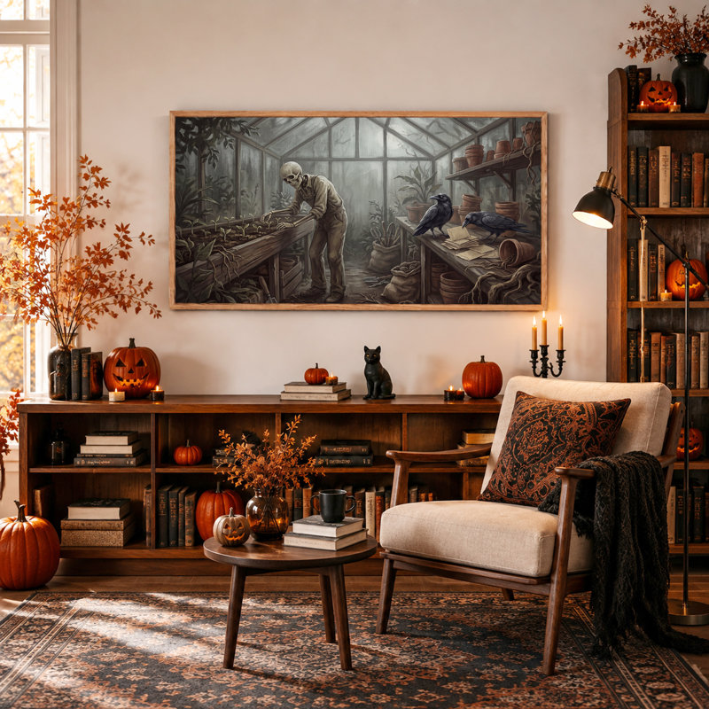 Squelette jardinier s'occupant de semis dans une serre - Toile murale d'Halloween