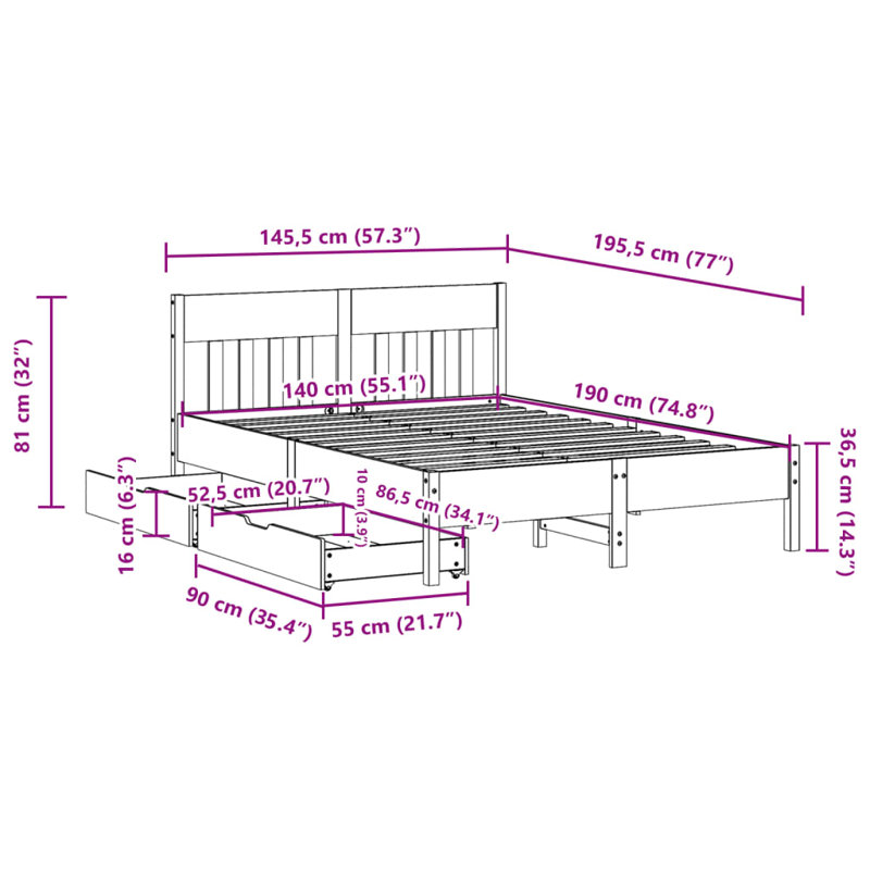 Vernia Solid Wood Bed, White, Small Single (2'6)