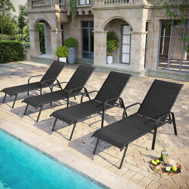 Ensemble de chaises longues d'extérieur en métal (ensemble de 4), Noir / Noir
