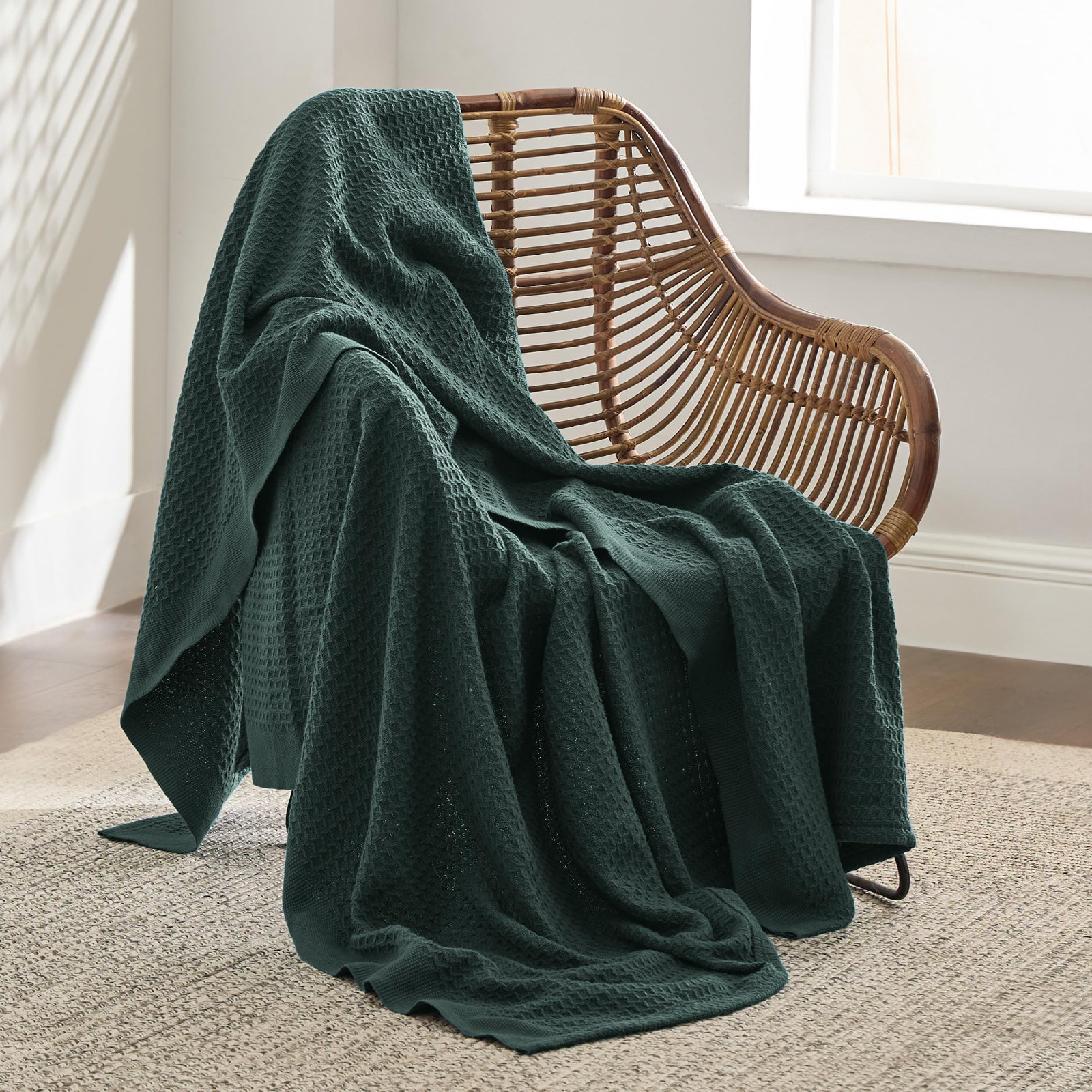 Bedsure Cotton Waffle Weave Throw Blanket, Twin XL, Dark Green