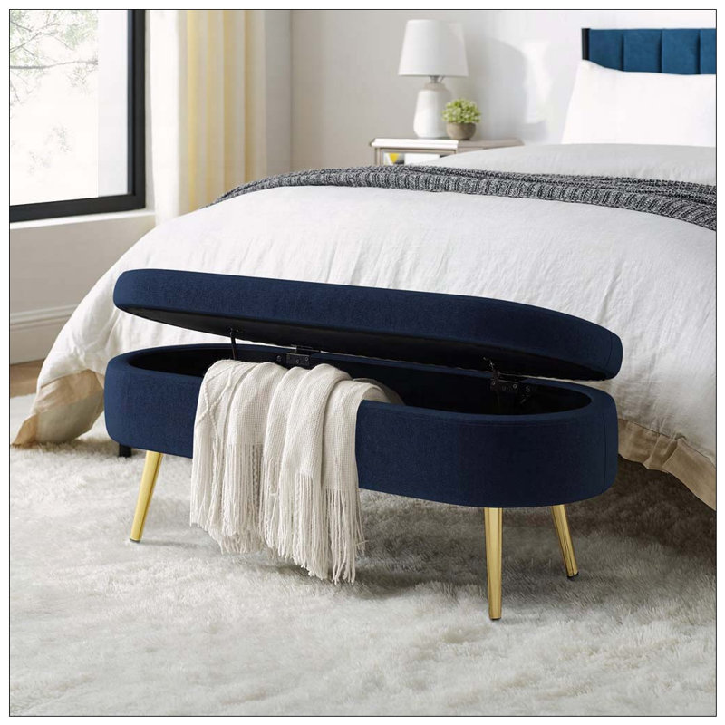 Banc de rangement repose-pieds ovale avec pieds en métal, Bleu très foncé