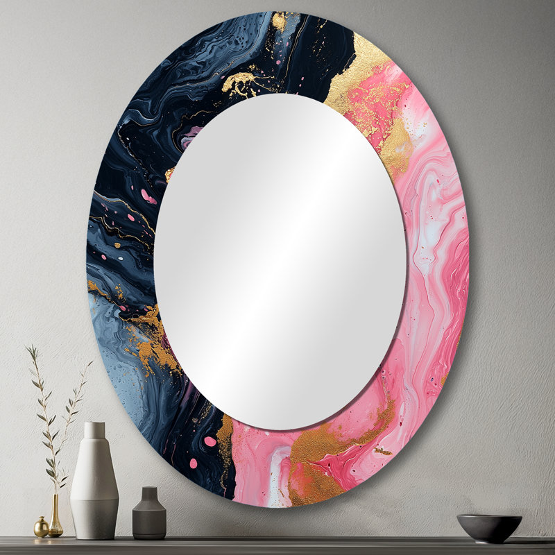 Abstract Marble In Pink And Black - Large Oval Wall Mirror On Metal, 43" x 33"