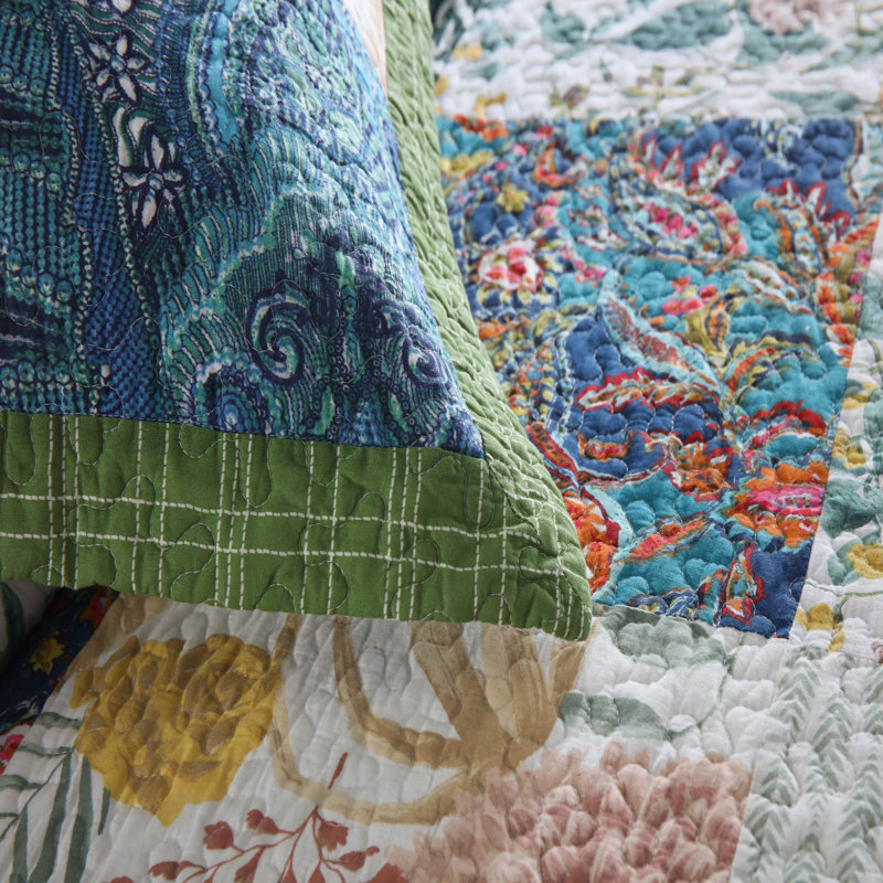 Ensemble de courtepointe réversible 100% coton à motif floral, Vert, Édredon très grand et 2 très grandes taies déc